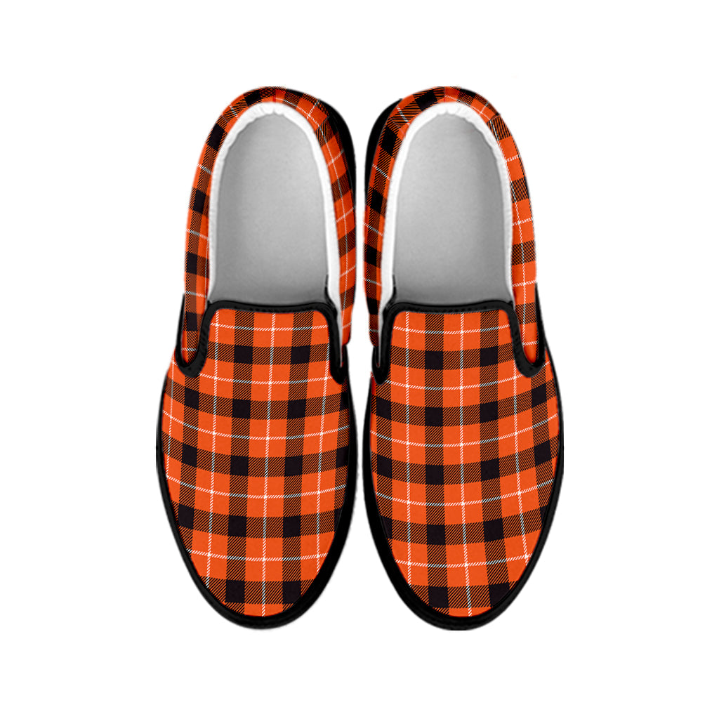 Orange Grey And White Plaid Print Black Slip On Shoes
