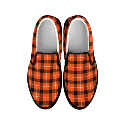 Orange Grey And White Plaid Print Black Slip On Shoes