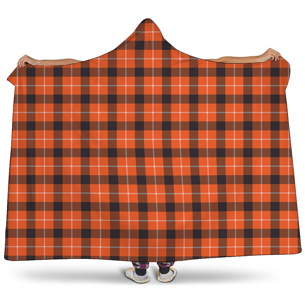Orange Grey And White Plaid Print Hooded Blanket