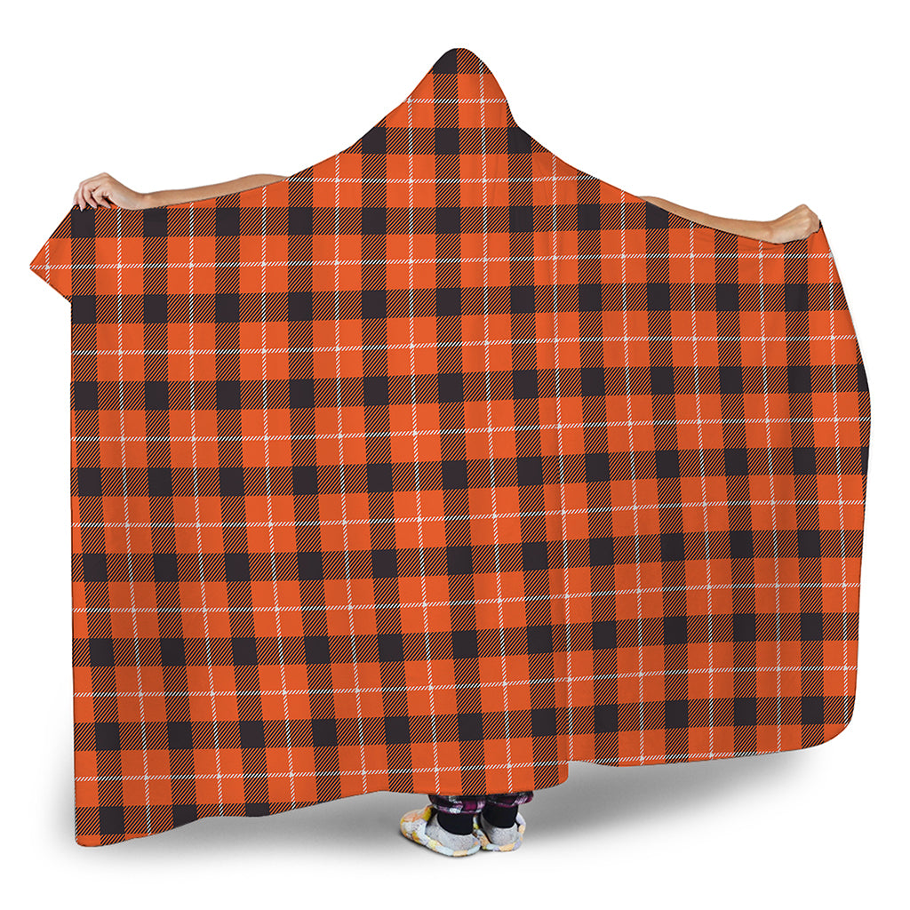 Orange Grey And White Plaid Print Hooded Blanket