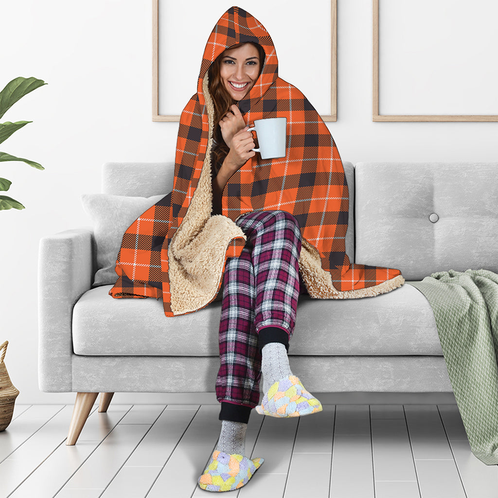 Orange Grey And White Plaid Print Hooded Blanket