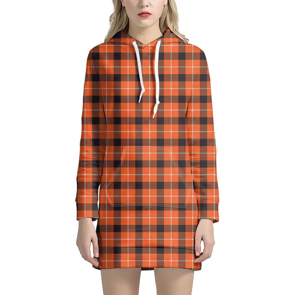 Orange Grey And White Plaid Print Hoodie Dress