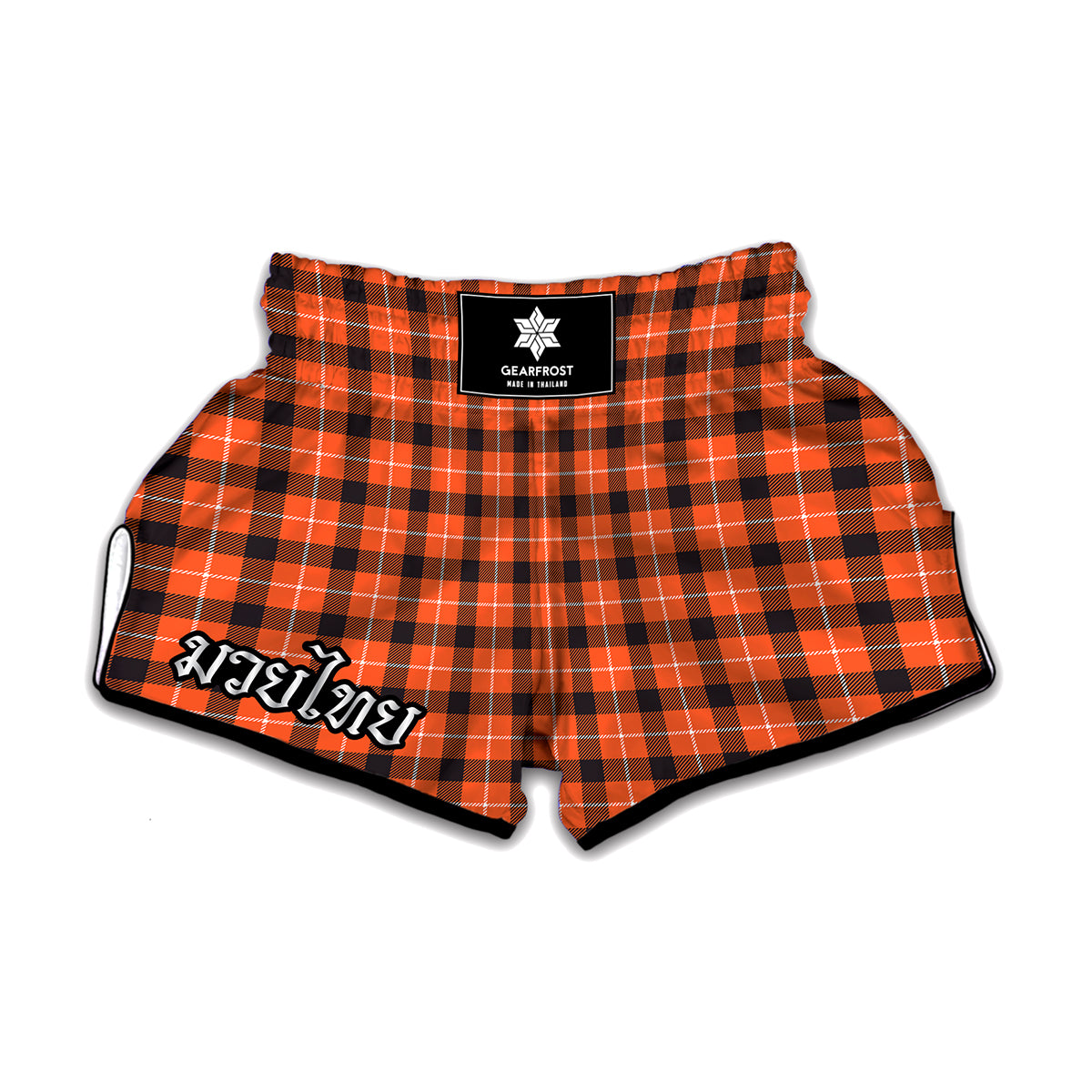 Orange Grey And White Plaid Print Muay Thai Boxing Shorts