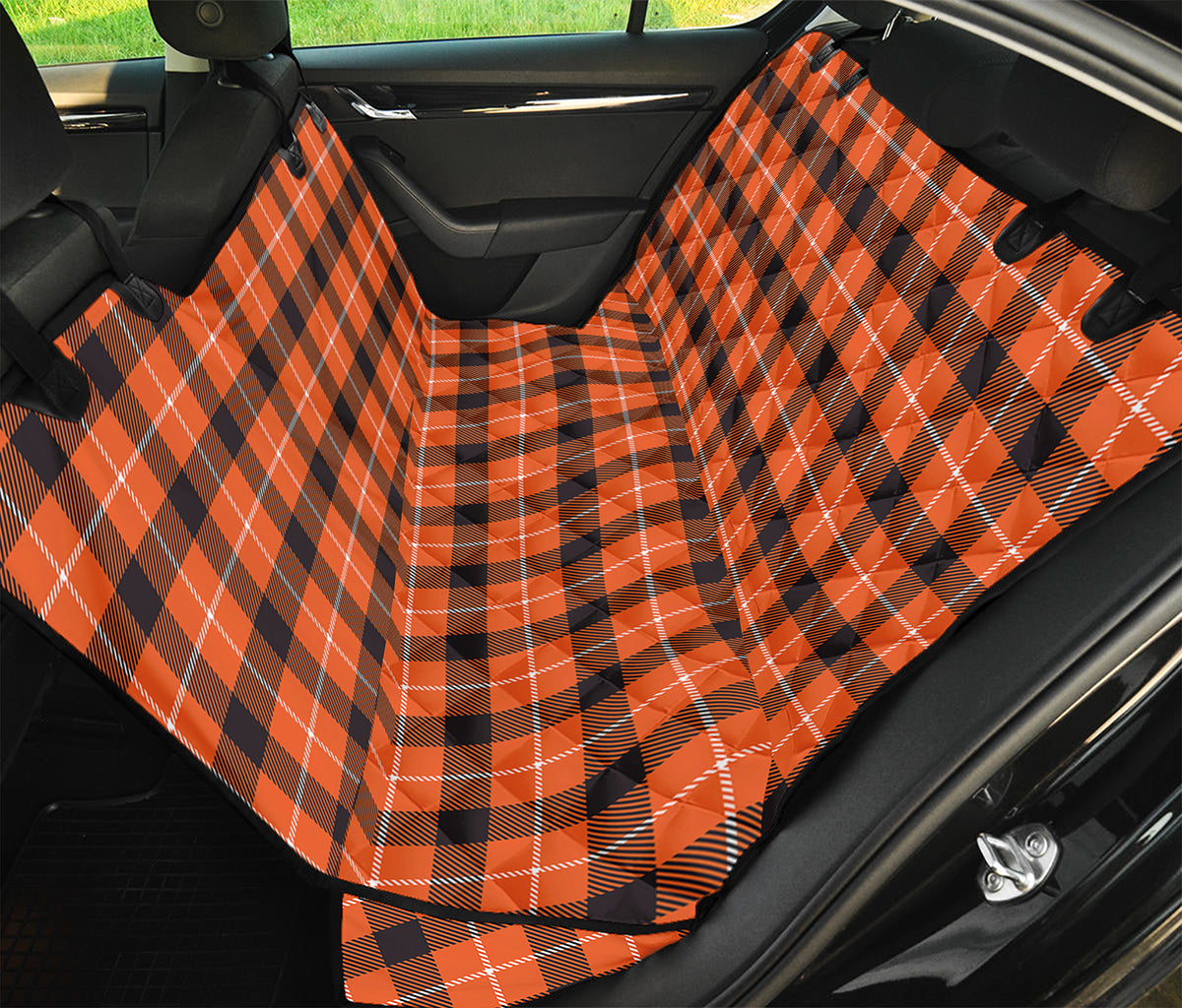 Orange Grey And White Plaid Print Pet Car Back Seat Cover
