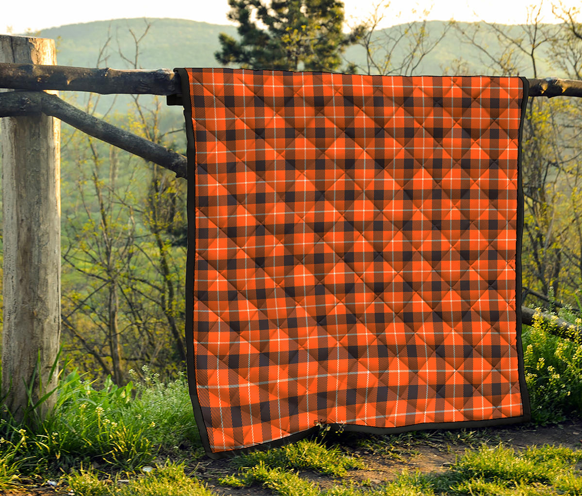 Orange Grey And White Plaid Print Quilt