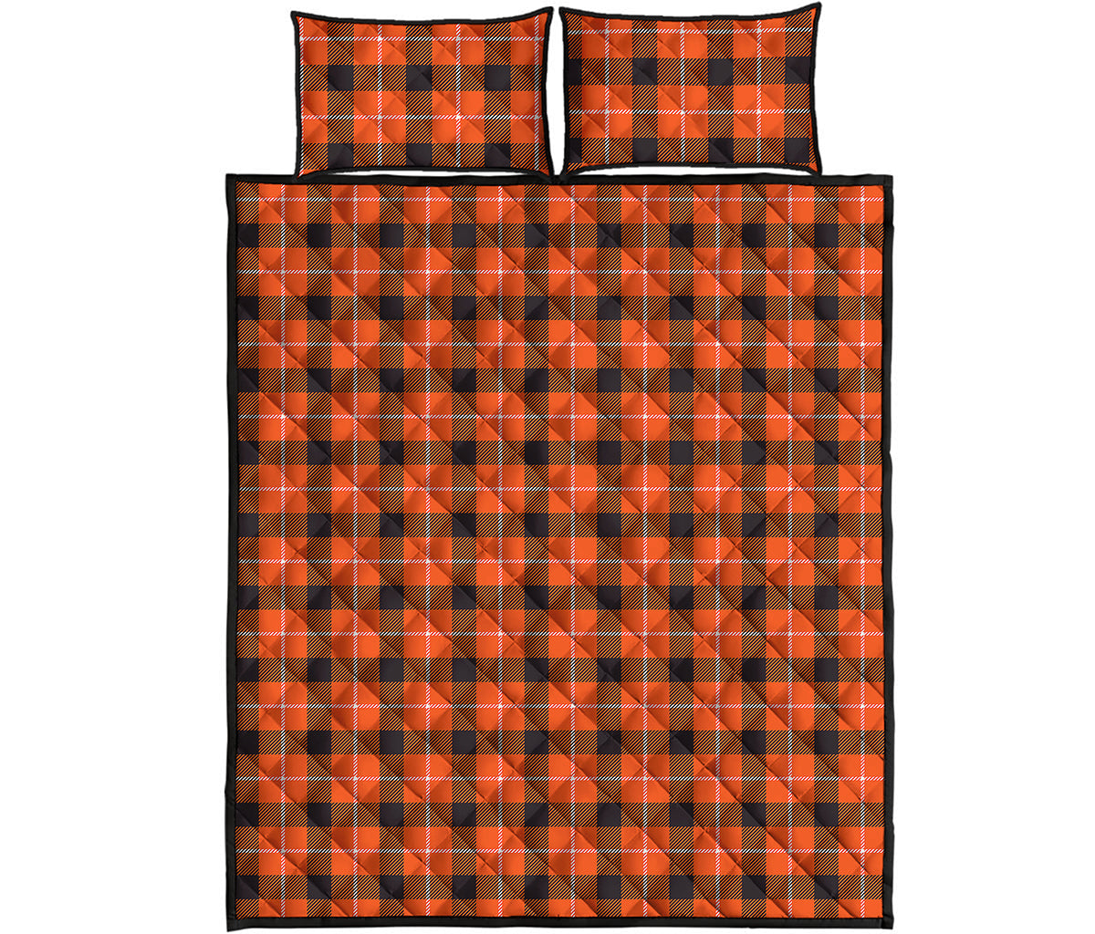 Orange Grey And White Plaid Print Quilt Bed Set