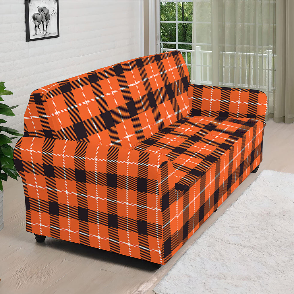 Orange Grey And White Plaid Print Sofa Cover