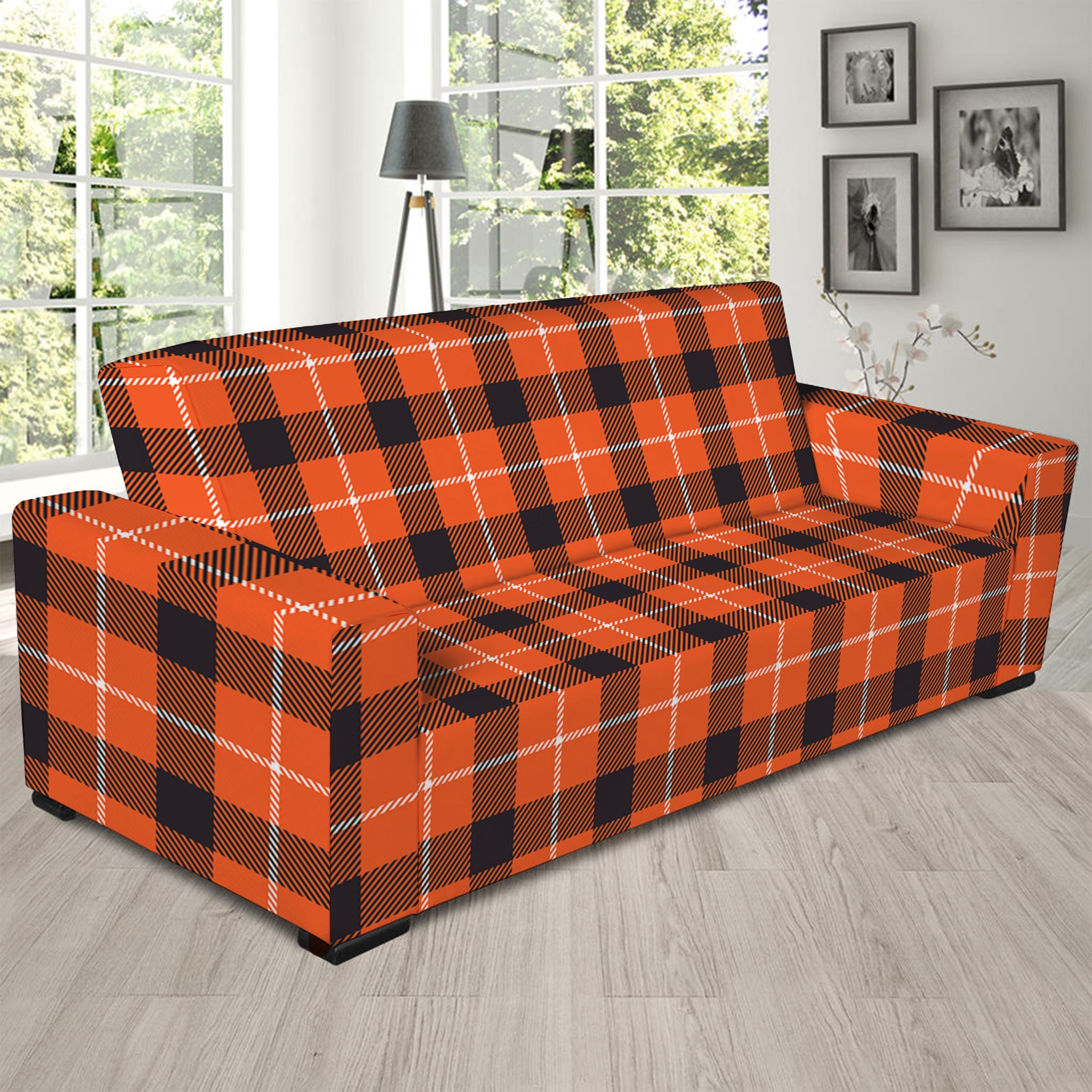 Orange Grey And White Plaid Print Sofa Slipcover