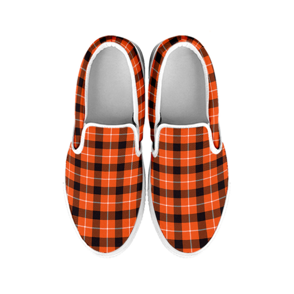 Orange Grey And White Plaid Print White Slip On Shoes