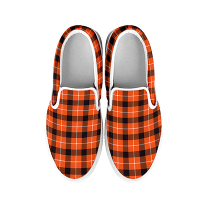 Orange Grey And White Plaid Print White Slip On Shoes