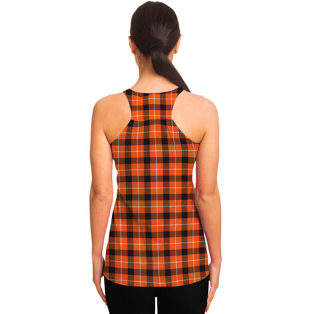 Orange Grey And White Plaid Print Women's Racerback Tank Top