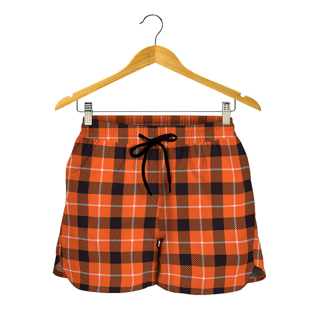 Orange Grey And White Plaid Print Women's Shorts