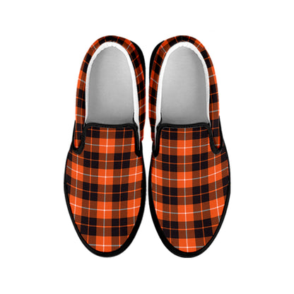 Orange Grey And White Tartan Print Black Slip On Shoes