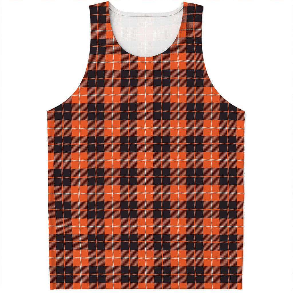 Orange Grey And White Tartan Print Men's Tank Top