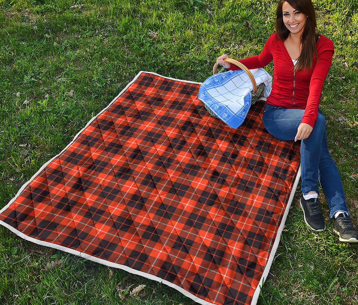 Orange Grey And White Tartan Print Quilt