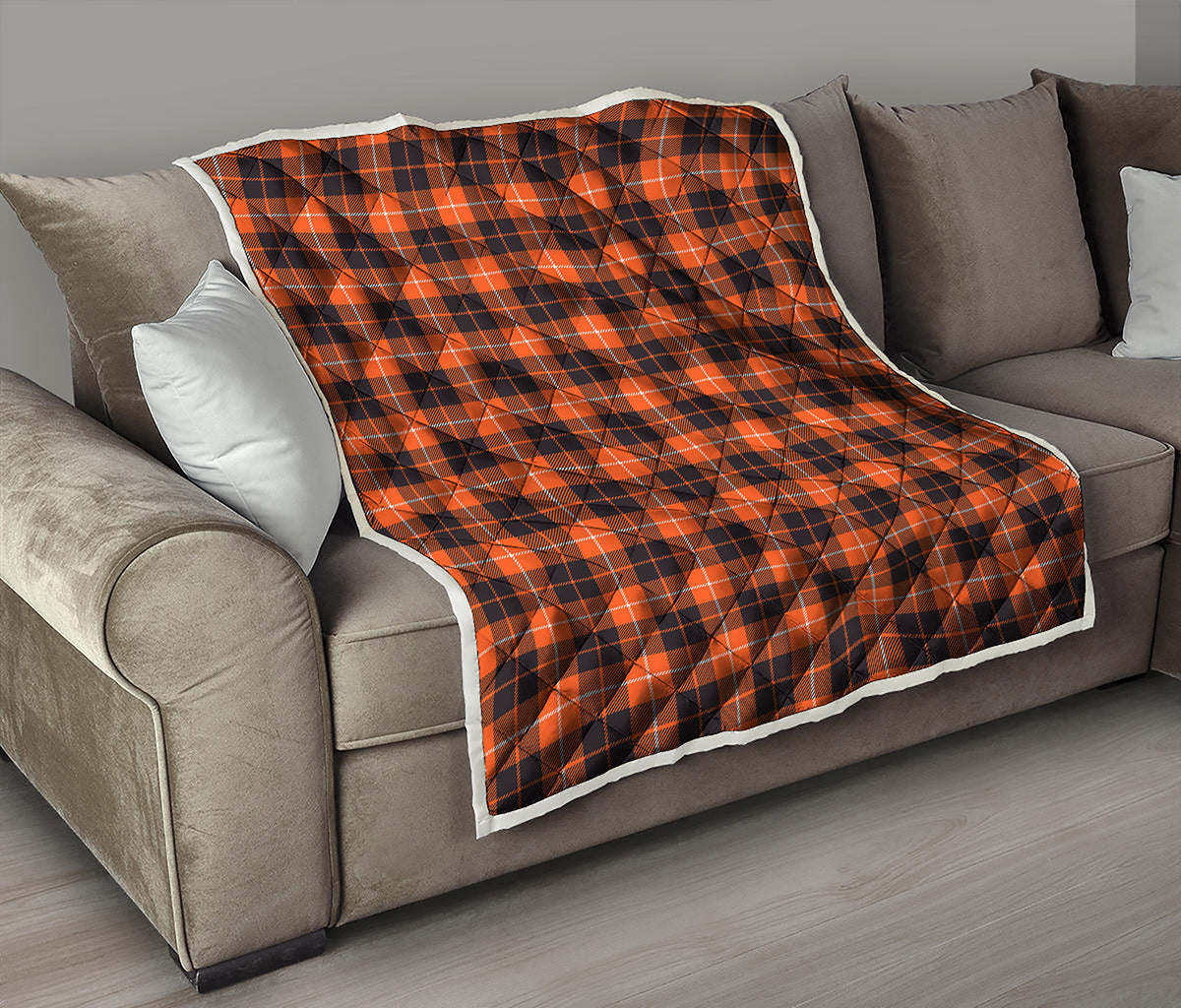 Orange Grey And White Tartan Print Quilt