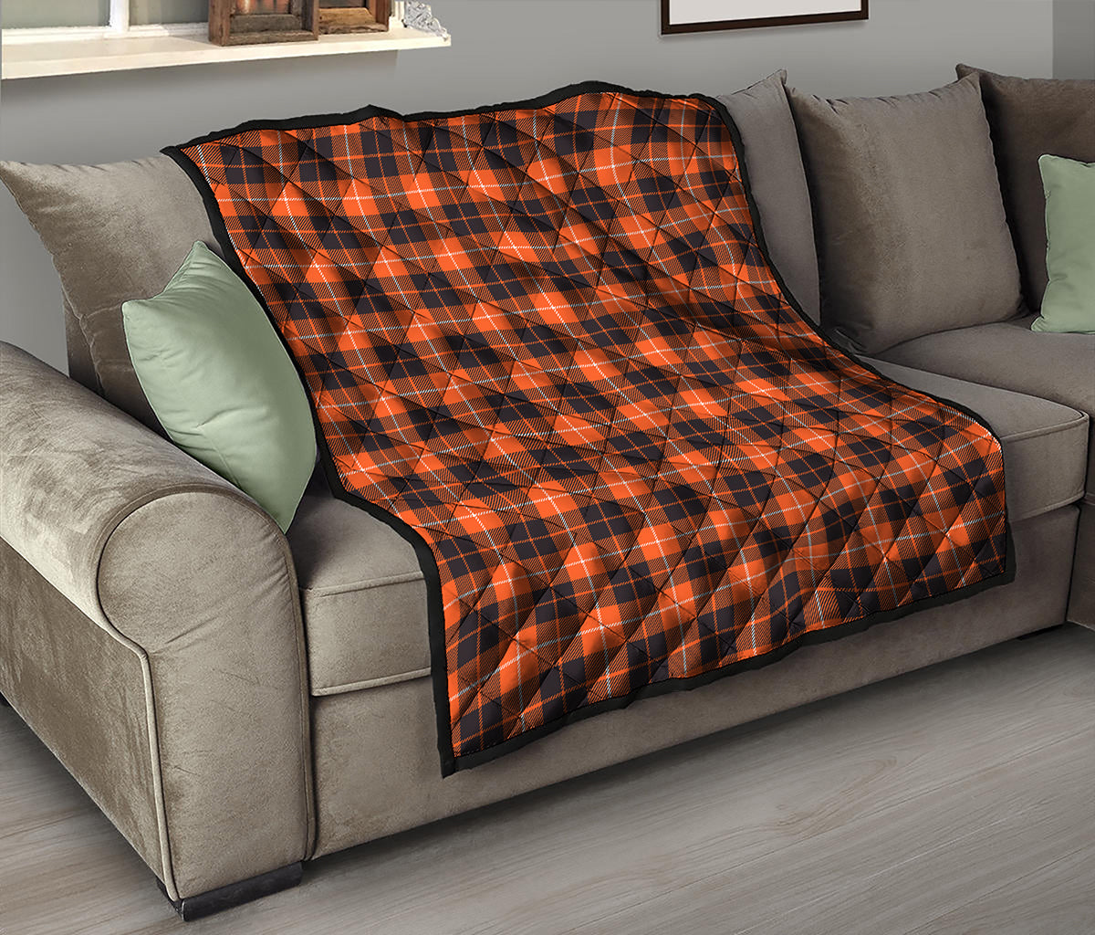 Orange Grey And White Tartan Print Quilt