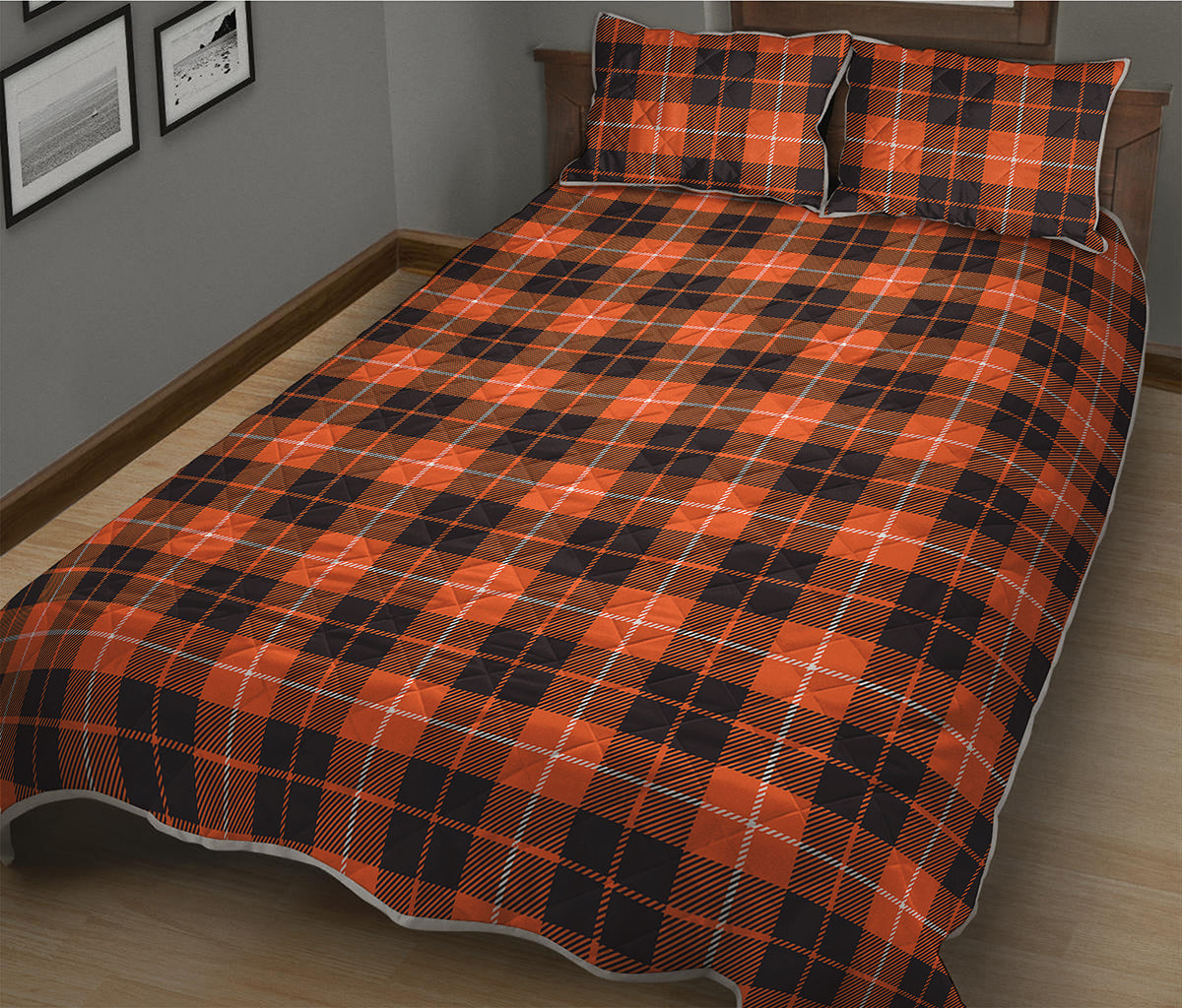 Orange Grey And White Tartan Print Quilt Bed Set