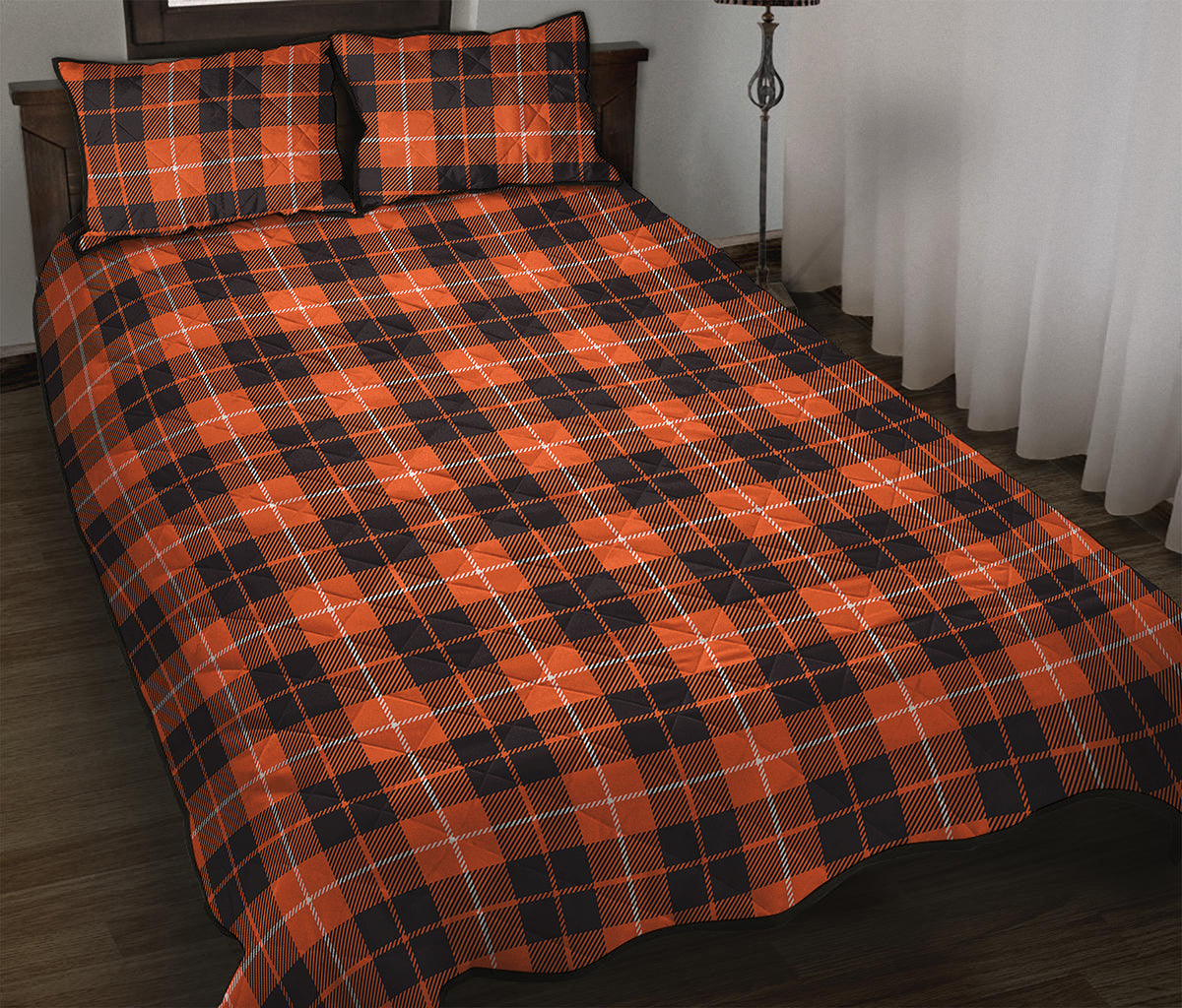 Orange Grey And White Tartan Print Quilt Bed Set