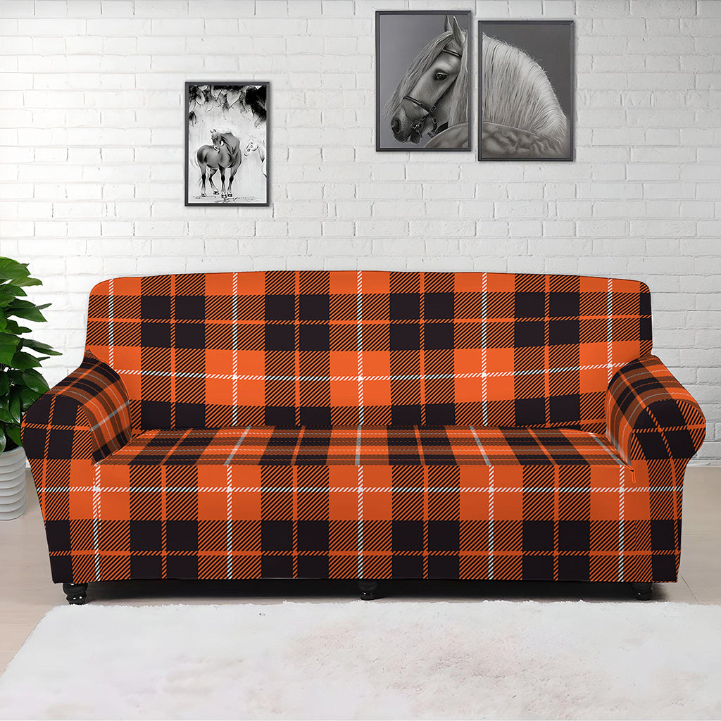 Orange Grey And White Tartan Print Sofa Cover
