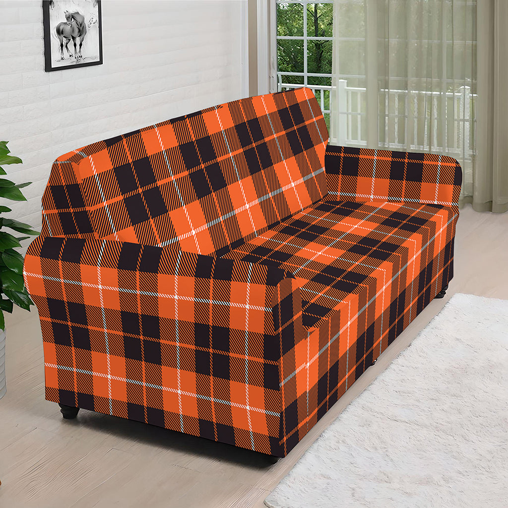Orange Grey And White Tartan Print Sofa Cover