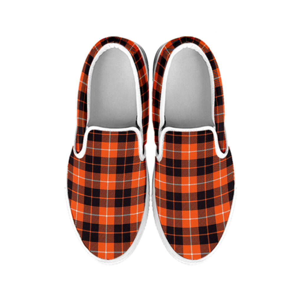 Orange Grey And White Tartan Print White Slip On Shoes