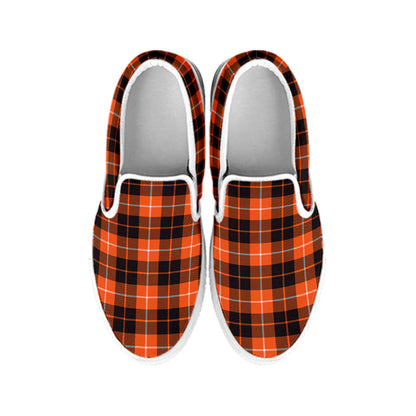 Orange Grey And White Tartan Print White Slip On Shoes
