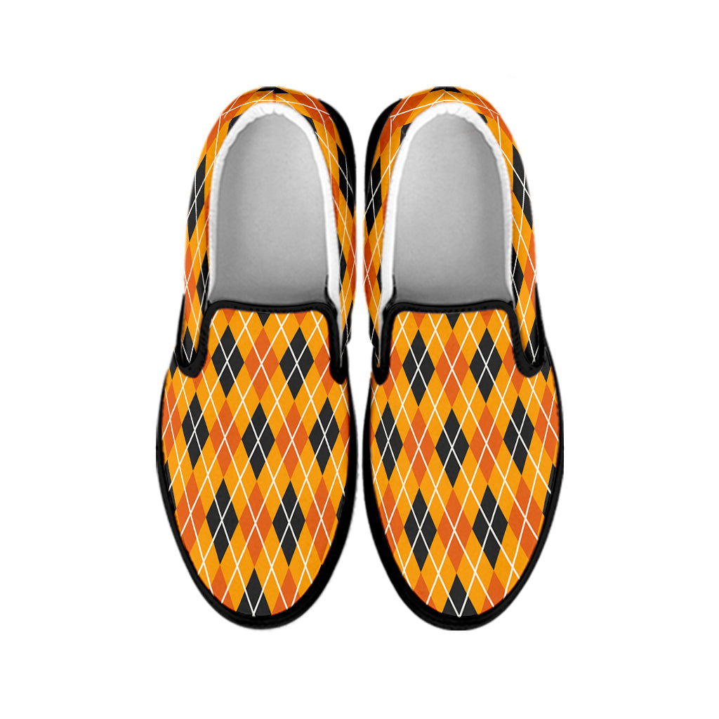 Orange Halloween Argyle Pattern Print Black Slip On Shoes