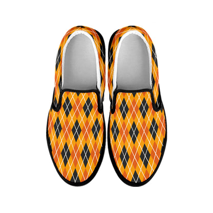 Orange Halloween Argyle Pattern Print Black Slip On Shoes
