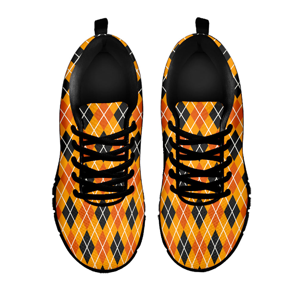 Orange Halloween Argyle Pattern Print Black Sneakers