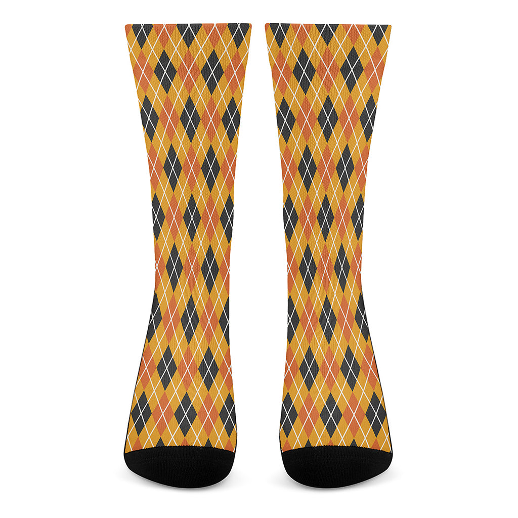 Orange Halloween Argyle Pattern Print Crew Socks