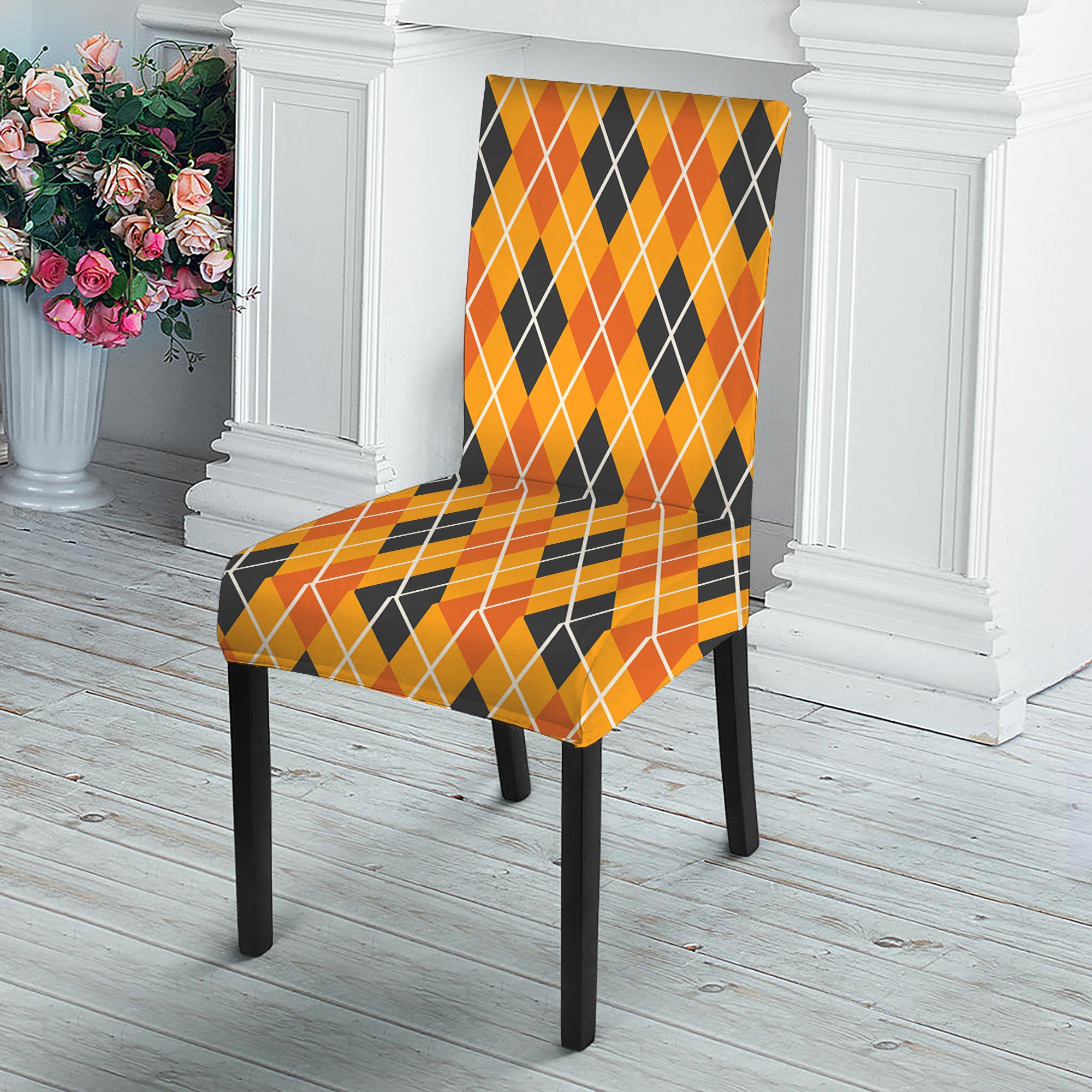 Orange Halloween Argyle Pattern Print Dining Chair Slipcover