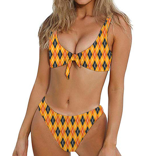 Orange Halloween Argyle Pattern Print Front Bow Tie Bikini
