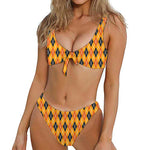 Orange Halloween Argyle Pattern Print Front Bow Tie Bikini