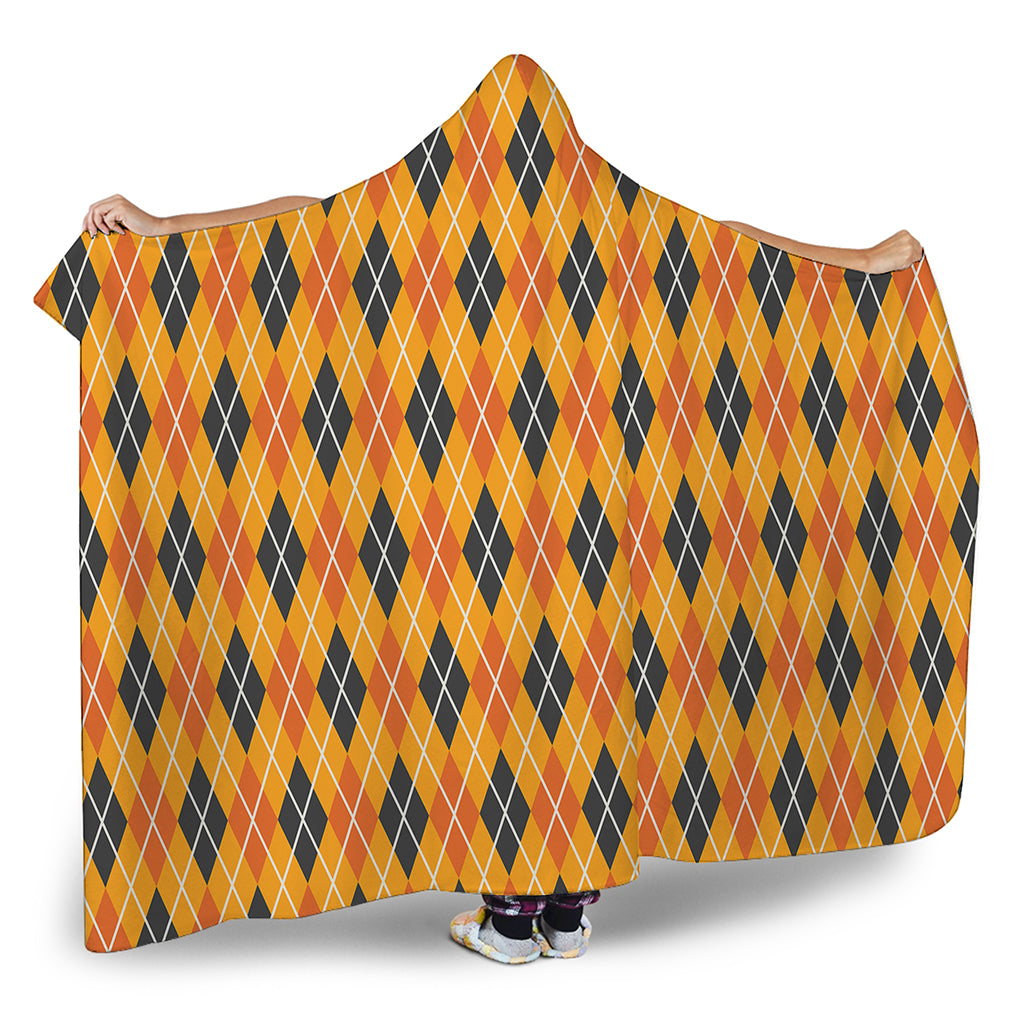 Orange Halloween Argyle Pattern Print Hooded Blanket