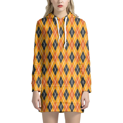 Orange Halloween Argyle Pattern Print Hoodie Dress