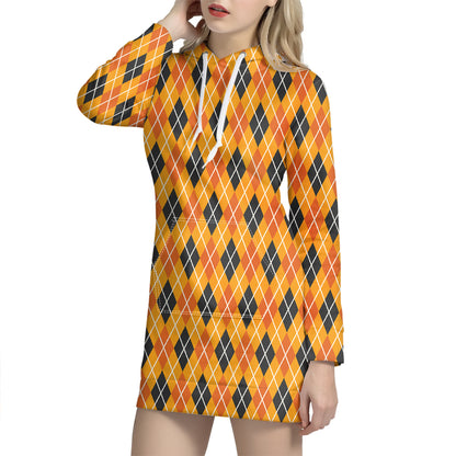 Orange Halloween Argyle Pattern Print Hoodie Dress