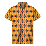 Orange Halloween Argyle Pattern Print Men's Short Sleeve Shirt