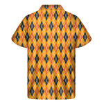 Orange Halloween Argyle Pattern Print Men's Short Sleeve Shirt