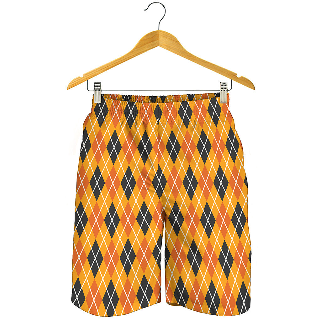 Orange Halloween Argyle Pattern Print Men's Shorts