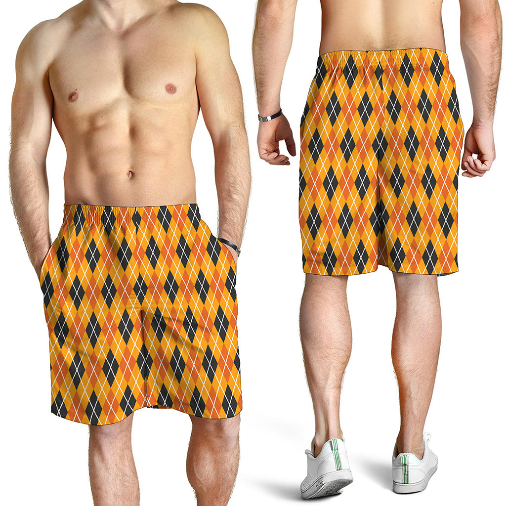 Orange Halloween Argyle Pattern Print Men's Shorts