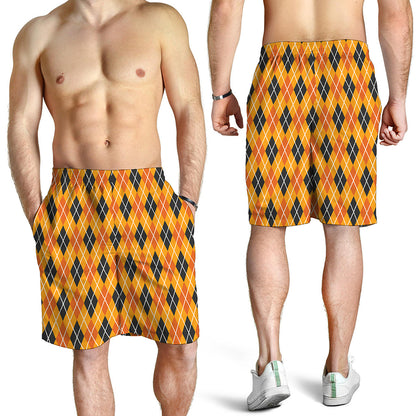 Orange Halloween Argyle Pattern Print Men's Shorts