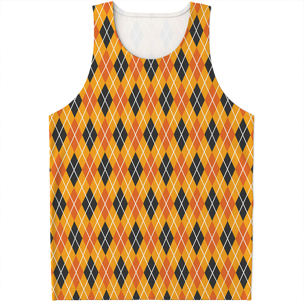 Orange Halloween Argyle Pattern Print Men's Tank Top