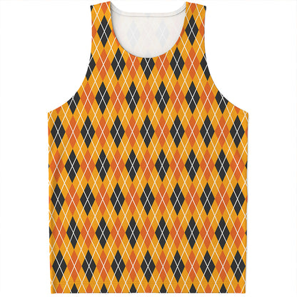 Orange Halloween Argyle Pattern Print Men's Tank Top