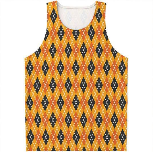 Orange Halloween Argyle Pattern Print Men's Tank Top