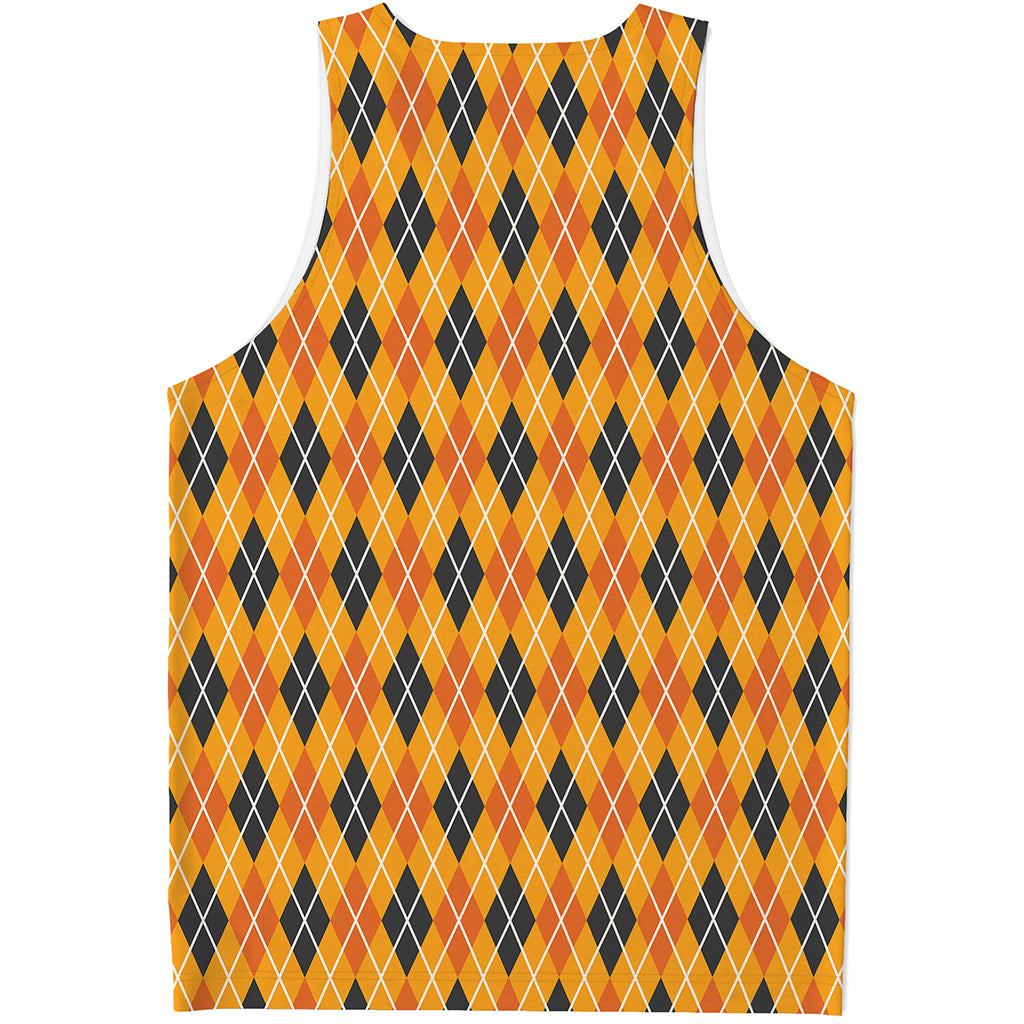 Orange Halloween Argyle Pattern Print Men's Tank Top