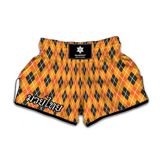 Orange Halloween Argyle Pattern Print Muay Thai Boxing Shorts