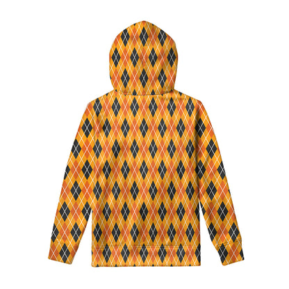 Orange Halloween Argyle Pattern Print Pullover Hoodie