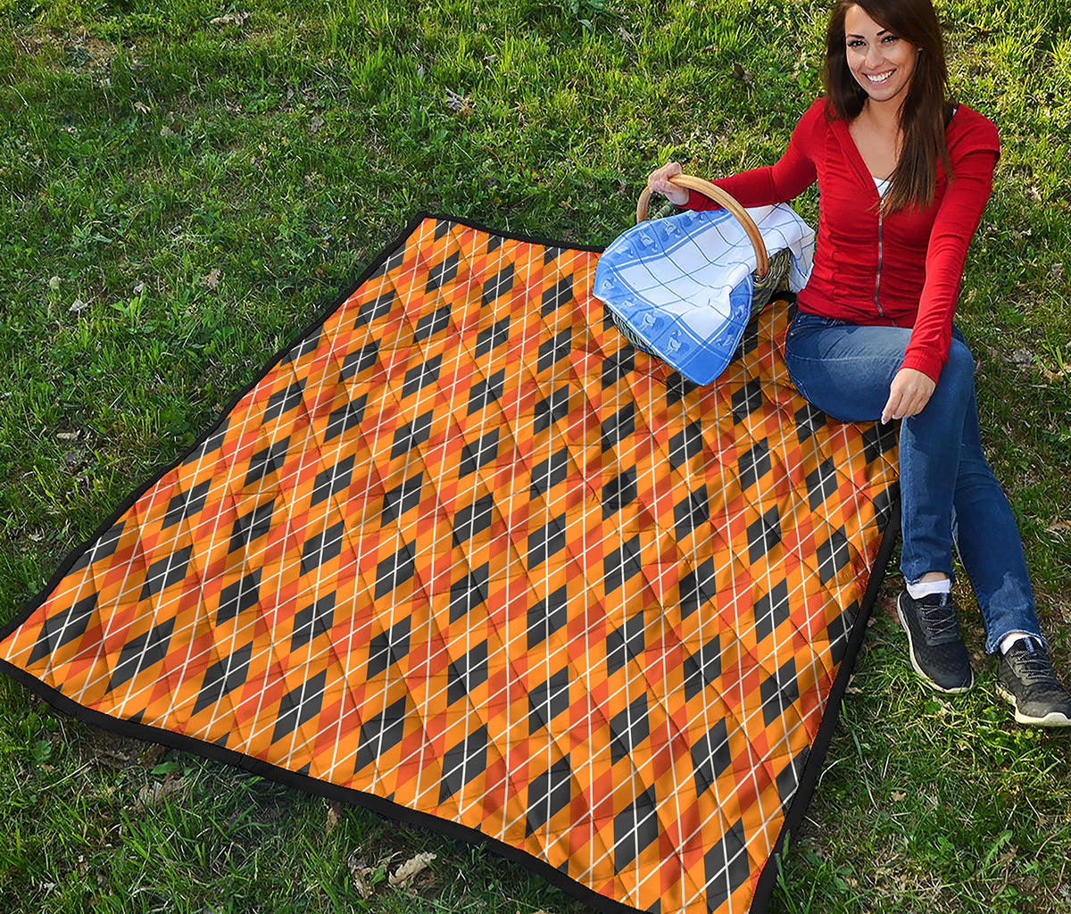 Orange Halloween Argyle Pattern Print Quilt