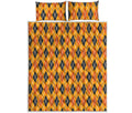 Orange Halloween Argyle Pattern Print Quilt Bed Set